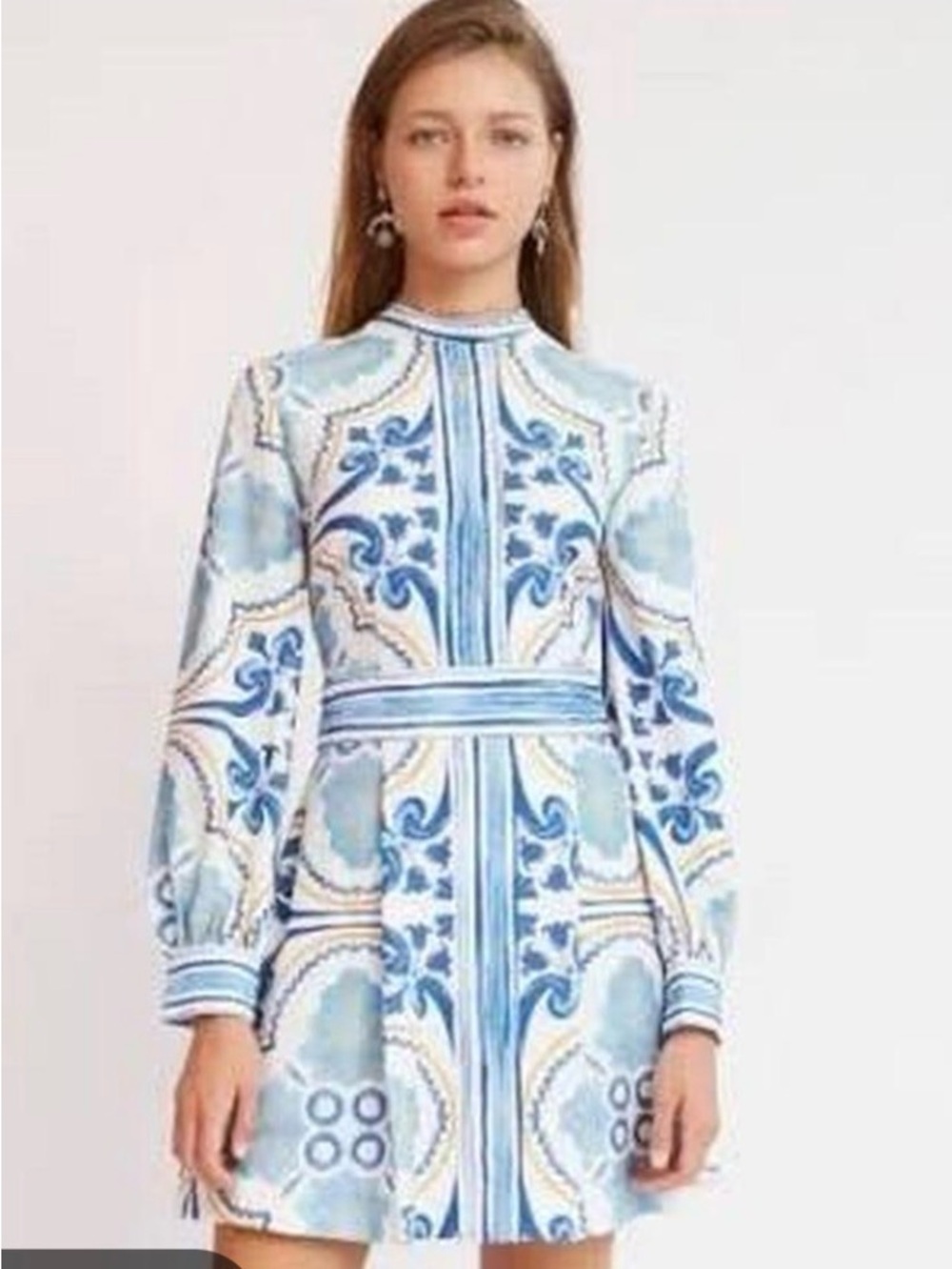 Finders Keepers Blue and White Patterned Long-Sleeve Mini Dress